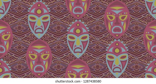 Seamless Folk Pattern. Ethnic Seamless Pattern with Color Trible Ritual Masks for Chintz, Linen, Paper. Retro Abstract Motif with Colorful Scary Masks for your Design. Vector Texture.