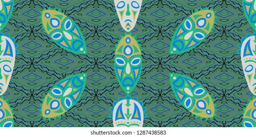 Seamless Folk Pattern. Ethnic Seamless Pattern with Color Trible Ritual Masks for Wallpaper, Fabric, Textile. Modern Abstract Back