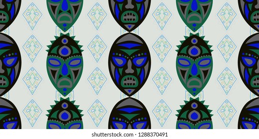 Seamless Folk Pattern. Ethnic Seamless Pattern with Color Trible Ritual Masks for Dress, Curtain, Tablecloth. Vintage Abstract Back