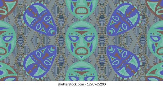 Seamless Folk Pattern. Ethnic Seamless Pattern with Color Trible Ritual Masks for Chintz, Curtain, Paper. Vintage Abstract Motif with Colorful Scary Masks for your Design. Vector Texture.