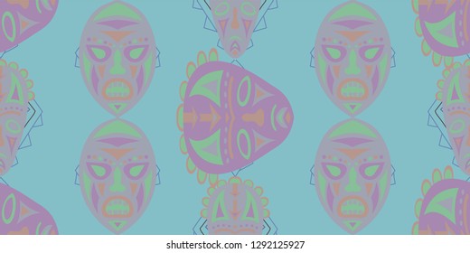Seamless Folk Pattern. Ethnic Seamless Pattern with Color Trible Ritual Masks for Print, Cloth, Textile. Retro Abstract Back
