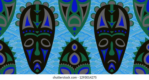 Seamless Folk Pattern. Ethnic Seamless Pattern with Color Trible Ritual Masks for Dress, Curtain, Tablecloth. Vintage Abstract Motif with Colorful Scary Masks for your Design. Vector Texture.