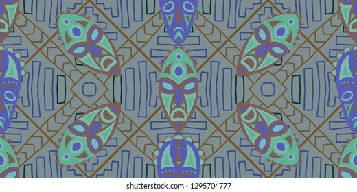 Seamless Folk Pattern. Ethnic Seamless Pattern with Color Trible Ritual Masks for Linen, Paper, Tablecloth. Trendy Abstract Motif with Colorful Scary Masks for your Design. Vector Texture.