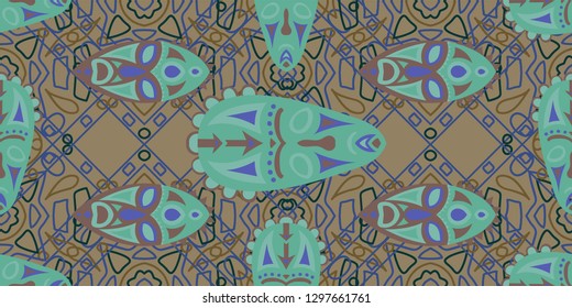 Seamless Folk Pattern. Ethnic Seamless Pattern with Color Trible Ritual Masks for Dress, Curtain, Paper. Modern Folk