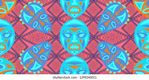 Seamless Folk Pattern. Ethnic Seamless Pattern with Color Trible Ritual Masks for Cotton, Print, Calico. Trendy Folk