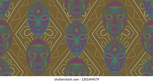 Seamless Folk Pattern. Ethnic Seamless Pattern with Color Trible Ritual Masks for Dress, Paper, Tablecloth. Trendy Abstract Motif with Colorful Scary Masks for your Design. Vector Texture.