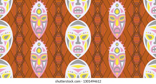 Seamless Folk Pattern. Ethnic Seamless Pattern with Color Trible Ritual Masks for Print, Cloth, Fabric. Retro Folk