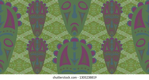 Seamless Folk Pattern. Ethnic Seamless Pattern with Color Trible Ritual Masks for Cotton, Calico, Textile. Vintage Abstract Motif with Colorful Scary Masks for your Design. Vector Texture.