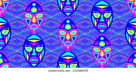 Seamless Folk Pattern. Ethnic Seamless Pattern with Color Trible Ritual Masks for Cotton, Print, Textile. Modern Abstract Back
