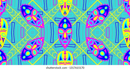 Seamless Folk Pattern. Ethnic Seamless Pattern with Color Trible Ritual Masks for Fabric, Cloth, Textile. Modern Abstract Back