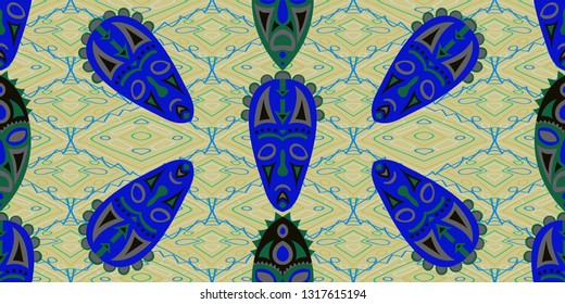 Seamless Folk Pattern. Ethnic Seamless Pattern with Color Trible Ritual Masks for Print, Cloth, Fabric. Modern Abstract Motif with Colorful Scary Masks for your Design. Vector Texture.