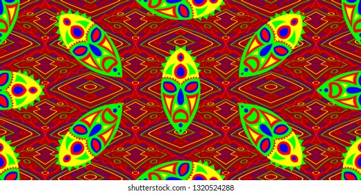 Seamless Folk Pattern. Ethnic Seamless Pattern with Color Trible Ritual Masks for Linen, Paper, Tablecloth. Modern Abstract Back