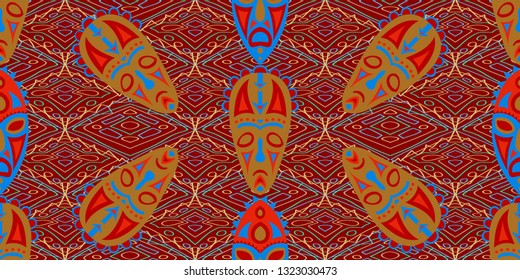 Seamless Folk Pattern. Ethnic Seamless Pattern with Color Trible Ritual Masks for Print, Fabric, Textile. Trendy Abstract Back