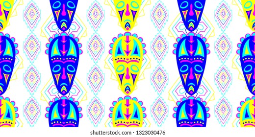 Seamless Folk Pattern. Ethnic Seamless Pattern with Color Trible Ritual Masks for Wallpaper, Print, Textile. Vintage Abstract Back
