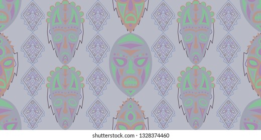 Seamless Folk Pattern. Ethnic Seamless Pattern with Color Trible Ritual Masks for Cotton, Print, Calico. Modern Abstract Motif with Colorful Scary Masks for your Design. Vector Texture.