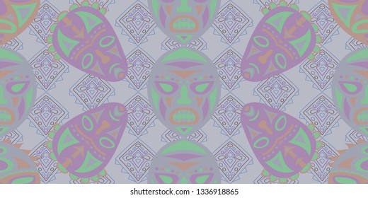 Seamless Folk Pattern. Ethnic Seamless Pattern with Color Trible Ritual Masks for Print, Cloth, Fabric. Vintage Abstract Motif with Colorful Scary Masks for your Design. Vector Texture.