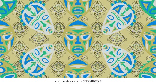Seamless Folk Pattern. Ethnic Seamless Pattern with Color Trible Ritual Masks for Print, Fabric, Textile.  Trendy Folk