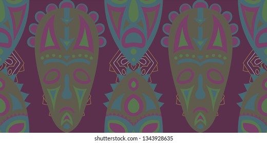 Seamless Folk Pattern. Ethnic Seamless Pattern with Color Trible Ritual Masks for Cotton, Print, Calico. Trendy Folk