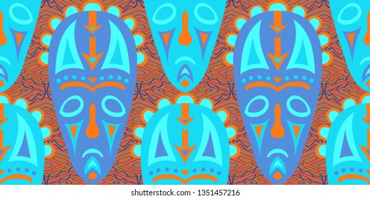 Seamless Folk Pattern. Ethnic Seamless Pattern with Color Trible Ritual Masks for Calico, Print, Textile. Vintage Folk