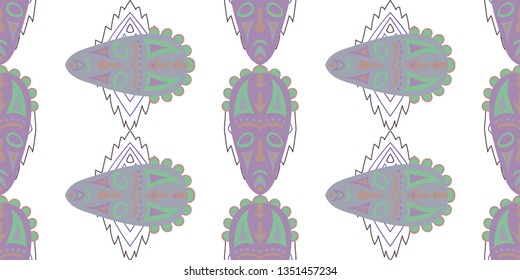 Seamless Folk Pattern. Ethnic Seamless Pattern with Color Trible Ritual Masks for Dress, Curtain, Tablecloth. Retro Folk