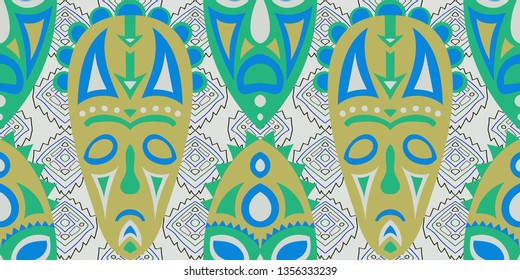 Seamless Folk Pattern. Ethnic Seamless Pattern with Color Trible Ritual Masks for Wallpaper, Print, Textile. Vintage Folk