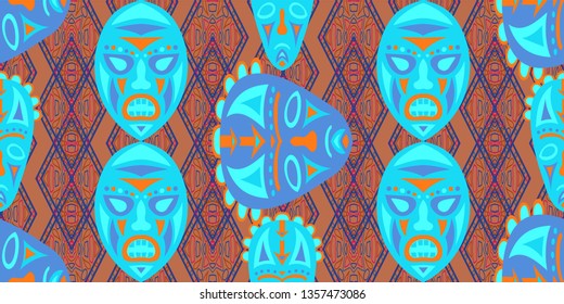 Seamless Folk Pattern. Ethnic Seamless Pattern with Color Trible Ritual Masks for Wallpaper, Fabric, Textile. Modern Folk