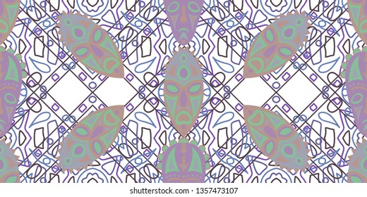 Seamless Folk Pattern. Ethnic Seamless Pattern with Color Trible Ritual Masks for Cotton, Print, Calico. Modern Abstract Motif with Colorful Scary Masks for your Design. Vector Texture.