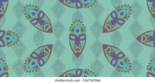 Seamless Folk Pattern. Ethnic Seamless Pattern with Color Trible Ritual Masks for Print, Cloth, Fabric. Modern Abstract Back