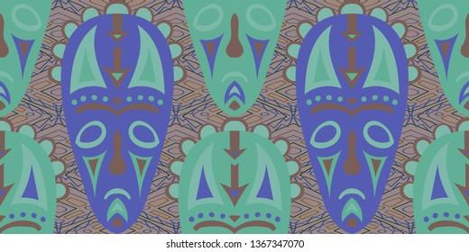Seamless Folk Pattern. Ethnic Seamless Pattern with Color Trible Ritual Masks for Wallpaper, Fabric, Textile. Retro Abstract Back