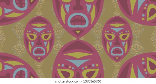 Seamless Folk Pattern. Ethnic Seamless Pattern with Color Trible Ritual Masks for Dress, Paper, Tablecloth. Vintage Abstract Motif with Colorful Scary Masks for your Design. Vector Texture.