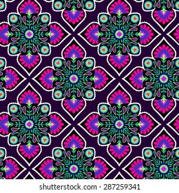 seamless folk pattern, floral detailed decorations, diamond rhombus shape, pop colors.  Mexican style, Navajo. tribal print for fashion or interior.