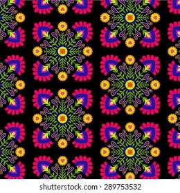 seamless folk pattern, floral detailed decorations, diamond rhombus shape, pop colors. Latin Mexican or  Spanish ceramics style. ethnic print for fashion or interior.