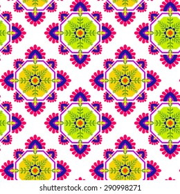 seamless folk pattern, floral detailed decorations, diamond rhombus shape, pop colors. Latin Spanish ceramics style. ethnic print for fashion or interior.