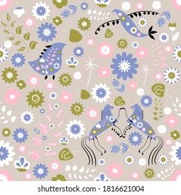Patrón folclórico sin soldadura con flores y animales, ilustración vectorial