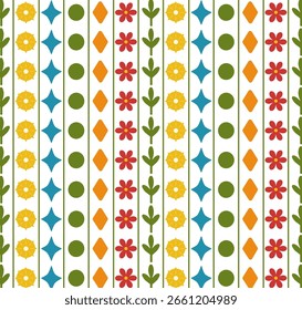 Patrón popular sin fisuras con flores, diamantes, puntos, hojas y estrellas. Diseño plano de Vector, paleta brillante. Perfecto para textiles, papel de regalo, scrapbooking, vivero y decoración de temporada.