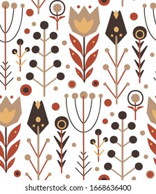 Seamless folk pattern with herbs and flowers on a white background with boho pattern. Vector flat native texture for fabrics, wallpaper and your creativity.