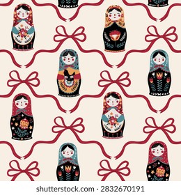 Seamless folk pattern with Russian nesting dolls and flowing red bows. Colorful matryoshka dolls feature floral ornaments, traditional motifs and decorative details on a cream background.