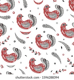 Seamless folk pattern. Scandinavian bird. Red, grey, black elements on white background. Slavic ethnic motives for textile, clothes, wallpaper. Freehand color vector illustration