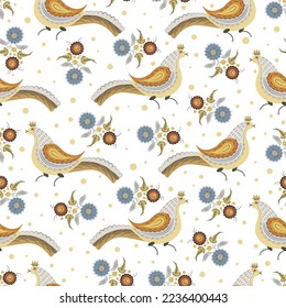 Seamless folk pattern. Slavic beige doves and blue flowers on white background. Folklore vintage design for bed linen and home textile.