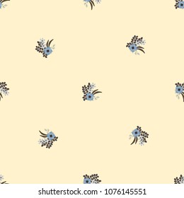 Seamless folk pattern in small wild flowers. Country style millefleurs. Floral meadow background for textile, wallpaper, pattern fills, covers, surface, print, gift wrap, scrapbooking, decoupage