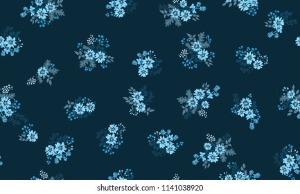 Seamless folk pattern in small wild flowers. Country style one-colored millefleurs. Floral background for textile, wallpaper, pattern fills, covers, surface, print, gift wrap, scrapbooking, decoupage
