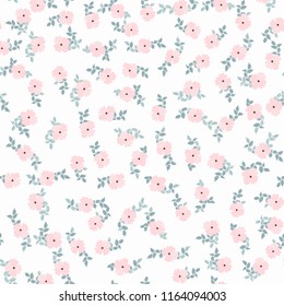Seamless folk pattern in small wild pink flowers. Country style millefleurs. Floral meadow background for textile, wallpaper, pattern fills, covers, surface, print, gift wrap, scrapbooking, decoupage.