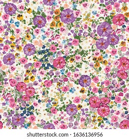 Seamless folk pattern in small wild flowers. Country style millefleurs. Floral meadow background for textile, wallpaper, pattern fills, covers, surface, print, gift wrap, scrapbooking, decoupage