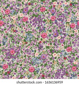 Seamless folk pattern in small wild flowers. Country style millefleurs. Floral meadow background for textile, wallpaper, pattern fills, covers, surface, print, gift wrap, scrapbooking, decoupage