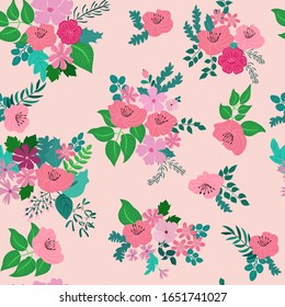 Seamless folk pattern in small wild flowers. Country style millefleurs. Floral meadow background for textile, wallpaper, pattern fills, covers, surface, print, gift wrap, scrapbooking, decoupage