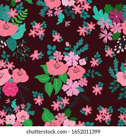 Seamless folk pattern in small wild flowers. Country style millefleurs. Floral meadow background for textile, wallpaper, pattern fills, covers, surface, print, gift wrap, scrapbooking, decoupage