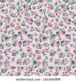 Seamless folk pattern in small wild flowers. Country style millefleurs. Floral meadow background for textile, wallpaper, pattern fills, covers, surface, print, gift wrap, scrapbooking, decoupage