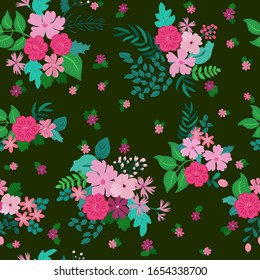 Seamless folk pattern in small wild flowers. Country style millefleurs. Floral meadow background for textile, wallpaper, pattern fills, covers, surface, print, gift wrap, scrapbooking, decoupage