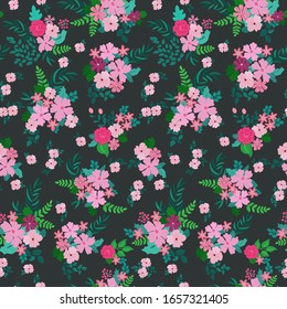 Seamless folk pattern in small wild flowers. Country style millefleurs. Floral meadow background for textile, wallpaper, pattern fills, covers, surface, print, gift wrap, scrapbooking, decoupage