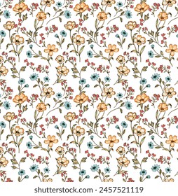 Seamless folk pattern in small wild flowers. Country style millefleurs. Floral meadow background for textile, wallpaper, pattern fills, covers, surface, print, gift wrap, scrapbooking, decoupage.